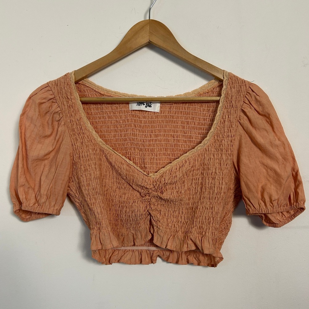 Hippie Love Smocked Crop Top Peach Boho Cottagecore Puff Sleeve Size M